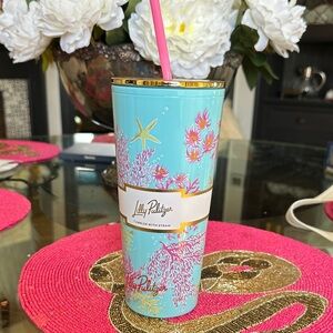 Lilly Pulitzer Seafoam Blue Tumbler with Pink Straw and Gold Trim